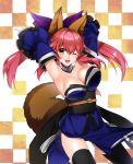  1girl animal_ears breasts caster_(fate/extra) cleavage detached_sleeves fate/extra fate_(series) fox_ears fox_tail hair_ribbon japanese_clothes long_hair pink_hair ribbon solo tail thigh-highs ycco_(estrella) yellow_eyes 