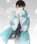  1boy black_hair blue_eyes ear_studs earrings haori horikawa_kunihiro japanese_clothes jewelry male_focus shinsengumi snowing tobacco_(artist) touken_ranbu 