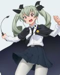  1girl anchovy aya_shachou belt blush brown_eyes drill_hair girls_und_panzer green_hair hair_ribbon jacket_on_shoulders long_hair looking_at_viewer military military_uniform necktie open_mouth ribbon skirt smile solo twin_drills twintails uniform 