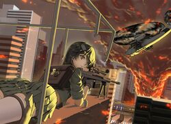  1girl ah-64_apache backpack bag black_hair building city cityscape explosion fire green_eyes gun hair_ornament handgun harumaki_haruki helicopter holster looking_back lying midriff miniskirt on_stomach pistol railing rifle school_bag skirt skyscraper sniper_rifle thigh-highs thigh_strap weapon zettai_ryouiki 