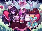  1boy 1girl alternate_costume alternate_hairstyle androgynous black_hair bow brown_hair cake chair commentary cup cupcake dress earrings extra_arms extra_eyes fangs flower food frisk_(undertale) hairband hands_on_lap hat insect_girl jewelry monster_girl muffet open_mouth papyrus_(undertale) plate purple_skin rotodisk sitting skeleton smile tea_party teapot undertale violet_eyes 
