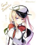 1girl :o bangs blonde_hair blue_eyes blush breasts capelet character_name from_above graf_zeppelin_(kantai_collection) hair_between_eyes hand_on_hip hat huyukaaki kantai_collection large_breasts leaning_forward long_hair looking_at_viewer military military_hat military_uniform necktie peaked_cap sidelocks simple_background solo tsurime twintails twitter_username uniform upper_body white_background 