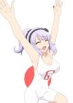  1girl armpits arms_up blush breasts dagashi_kashi hairband highres japanese_flag large_breasts leotard maimai251 nail_polish open_mouth ponytail purple_hair red_lips shidare_hotaru smile solo 