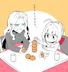  1boy 1girl cup fate/grand_order fate_(series) food fruit koshiro_itsuki kotatsu lancer_of_black mandarin_orange saber_extra table 