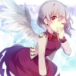  1girl bangs black_hair bow bowtie dress hand_on_own_face kishin_sagume long_sleeves looking_at_viewer one_eye_closed open_clothes red_eyes short_hair silver_hair single_wing solo suzuna_(mark_of_luck) touhou white_wings wings 