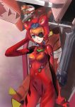  1girl animal_helmet blue_eyes bodysuit cowboy_shot eva_02 eyepatch head helmet highres interlaken looking_at_viewer neon_genesis_evangelion orange_hair pilot_suit plugsuit shikinami_asuka_langley skin_tight solo souryuu_asuka_langley thighs upper_body 