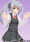 1girl anti_(untea9) arms_up brown_eyes commentary_request grey_hair hair_ribbon highres kantai_collection kasumi_(kantai_collection) long_hair open_mouth ribbon school_uniform side_ponytail solo suspenders sweat twitter_username 