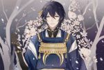  1boy black_gloves black_hair blue_eyes branch corpse_(pixiv) flower gloves japanese_clothes male_focus mikazuki_munechika petals sayagata smile touken_ranbu tree 