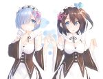  2girls apron black_hair blue_eyes blue_hair breasts cleavage detached_sleeves dress frilled_sleeves frills hair_between_eyes hair_ornament hair_over_one_eye hand_to_own_mouth kyoo-kyon_(kyo-kyon) looking_at_another maid maid_headdress medium_breasts multiple_girls open_mouth original re:zero_kara_hajimeru_isekai_seikatsu rem_(re:zero) rem_(re:zero)_(cosplay) short_hair side_ponytail underbust upper_body white_background x_hair_ornament 