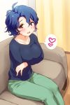  1girl blue_hair breast_hold breasts brown_eyes couch curly_hair denim heart highres idolmaster idolmaster_million_live! jeans kuase large_breasts pants short_hair sitting smile spoken_heart sweater toyokawa_fuuka 