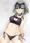  1girl ass_visible_through_thighs bangs bare_arms bare_shoulders bell bell_choker black_bra black_panties bra breasts cat_cutout cat_ear_panties cat_lingerie choker cleavage cleavage_cutout collarbone cowboy_shot fate/grand_order fate_(series) grey_background grey_hair groin headpiece jeanne_alter navel panties ruler_(fate/grand_order) sen_(astronomy) serious short_hair side-tie_panties simple_background solo standing tsurime underwear underwear_only yellow_eyes 