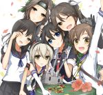  6+girls :3 =3 arm_up bare_shoulders black_gloves black_hair blue_eyes braid brown_eyes brown_hair commentary_request elbow_gloves fang fingerless_gloves flower fubuki_(kantai_collection) gloves grin hair_ribbon hairband headgear jintsuu_(kantai_collection) kantai_collection long_sleeves looking_at_viewer medal miyakouji multiple_girls neckerchief one_eye_closed open_mouth puffy_short_sleeves puffy_sleeves remodel_(kantai_collection) rensouhou-chan ribbon school_uniform serafuku shigure_(kantai_collection) shimakaze_(kantai_collection) shirt short_sleeves silver_hair skirt smile tone_(kantai_collection) white_gloves wiping_eyes yukikaze_(kantai_collection) 