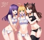  ! 3girls :d :o ahoge alternate_costume aqua_eyes arm_around_waist arm_holding ass_visible_through_thighs bangs bare_legs bell bell_choker black_legwear black_panties blonde_hair blush bow breasts brown_hair cat_cutout cat_ear_panties cat_lingerie choker cleavage_cutout cowboy_shot eyebrows eyebrows_visible_through_hair fate/grand_order fate/stay_night fate_(series) frills girl_sandwich groin hair_intakes hair_ribbon highres holding_hands jingle_bell large_breasts legs_apart long_hair looking_at_viewer matou_sakura multiple_girls navel number open_mouth panties parted_bangs purple_hair red_background ribbon saber sandwiched side-tie_panties simple_background smile stomach sweat thigh-highs thigh_gap toosaka_rin two_side_up underwear underwear_only violet_eyes white_bow white_panties ycco_(estrella) 