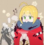  1girl 2boys cape cup fate/grand_order fate_(series) koshiro_itsuki lancer_of_black looking_away multiple_boys romulus_(fate/grand_order) saber_extra sweater 