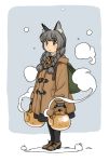  1girl akai_sashimi backpack bag braid brown_eyes coat dual_wielding grey_hair highres kettle mittens skirt standing steam twin_braids 