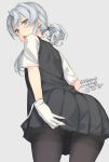  1girl black_legwear brown_eyes dated from_behind gloves hair_over_shoulder kantai_collection leaning_forward looking_back nowaki_(kantai_collection) open_mouth pantyhose pleated_skirt ponytail rokuwata_tomoe silver_hair sketch skirt solo thighband_pantyhose twitter_username vest white_gloves 