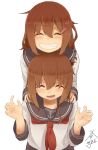  2girls ^_^ blush brown_hair clenched_teeth closed_eyes dated grin hair_ornament hairclip hands_on_another&#039;s_shoulders highres ikazuchi_(kantai_collection) inazuma_(kantai_collection) kantai_collection multiple_girls open_mouth school_uniform serafuku short_hair signature simple_background smile tabisora teeth white_background 