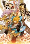  3boys black_hair blonde_hair blue_eyes cherry_blossoms gloves green_eyes hachisuka_kotetsu japanese_clothes katana male_focus multicolored_hair multiple_boys nagasone_kotetsu open_mouth orange_hair petals purple_hair smile sword touken_ranbu two-tone_hair urashima_kotetsu wakizashi weapon white_gloves yamatsuki_sou yellow_eyes 