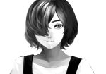  1girl artist_request asymmetrical_bangs bangs black_hair collarbone greyscale hair_over_one_eye highres kirishima_touka lips looking_at_viewer monochrome nose portrait short_hair simple_background smile solo tokyo_ghoul tokyo_ghoul:re upper_body white_background 