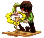  androgynous blush_stickers brown_hair chara_(undertale) evil_grin evil_smile feeding flower flowey_(undertale) force_feeding g0966 grin highres kneeling no_pupils red_eyes shaded_face shirt simple_background smile soil solid_oval_eyes spoilers striped striped_shirt sweat sweating_profusely tagme tears teeth undertale white_background 
