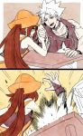  1boy 1girl arm_wrestling brown_hair chipp_zanuff earrings gloves guilty_gear hat jewelry long_hair may_(guilty_gear) orange_hat pirate_hat red_eyes suzunashi white_hair 