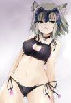  1girl animal_ears ass_visible_through_thighs bangs bare_arms bare_shoulders bell bell_choker black_bra black_panties bra breasts cat_cutout cat_ear_panties cat_ears cat_lingerie choker cleavage cleavage_cutout collarbone cowboy_shot fate/grand_order fate_(series) grey_hair groin headpiece jeanne_alter looking_at_viewer navel panties ruler_(fate/grand_order) sen_(astronomy) serious shiny shiny_skin short_hair side-tie_panties solo standing thigh_gap tsurime underwear underwear_only yellow_eyes 