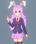  1girl animal_ears black_legwear blazer blouse blue_background blush crescent_moon highres lavender_hair long_hair looking_at_viewer moon necktie pleated_skirt purple_hair rabbit_ears red_eyes red_necktie reisen_udongein_inaba simple_background skirt smile solo thigh-highs touhou very_long_hair 