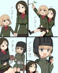  2girls blonde_hair blue_eyes blush chair cup eating fang food food_on_face fruit girls_und_panzer helmet holding_hands jacket katyusha kemu_(pixiv463430) lifting_person long_hair military military_uniform miniskirt multiple_girls nonna open_mouth pleated_skirt radio short_hair sitting skirt smile spoon tree uniform waist_hold yuri 