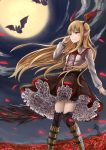  &gt;:) 1girl bat blonde_hair boots collared_shirt frilled_skirt frills full_moon granblue_fantasy head_wings highres long_hair luse_maonang moon night petals red_eyes shingeki_no_bahamut shirt skirt tail thigh-highs vampy wind wing_collar zettai_ryouiki 