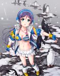  1girl aqua_eyes bikini_skirt bikini_top bird blue_gloves breasts cleavage collarbone earmuffs fingerless_gloves gloves highres jacket long_hair looking_at_viewer love_live!_school_idol_project navel open_clothes open_jacket open_mouth penguin purple_hair rain solo toujou_nozomi tucana very_long_hair water 