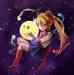  1girl bishoujo_senshi_sailor_moon blonde_hair blue_skirt boots closed_eyes comet double_bun elbow_gloves from_side full_body gloves high_heel_boots high_heels moon pleated_skirt red_boots ribbon sailor_collar sailor_moon shooting_star skirt sky smile solo space star_(sky) starry_sky tears tsubobot tsukino_usagi twintails white_gloves 