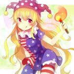  1girl american_flag_legwear american_flag_shirt bangs blonde_hair blush clownpiece collar cowboy_shot fire frilled_collar frills hat holding jester_cap licking_lips long_hair looking_at_viewer pantyhose polka_dot red_eyes short_sleeves simple_background solo standing suzuna_(mark_of_luck) tongue tongue_out torch touhou very_long_hair 