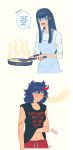  absurdres apron bandaid black_hair blue_eyes blush drooling eyebrows flat_gaze frying_pan glasses herokick highres hime_cut kill_la_kill kiryuuin_satsuki long_sleeves matoi_ryuuko messy_hair multicolored_hair omelet ponytail scar smile spatula streaked_hair thick_eyebrows wavy_mouth 