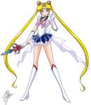  1girl bishoujo_senshi_sailor_moon blonde_hair blue_eyes blue_skirt boots bow brooch choker clenched_hand double_bun earrings elbow_gloves frills full_body gloves jewelry knee_boots long_hair magical_girl marco_albiero pink_bow pleated_skirt pretty_guardian_sailor_moon princess_sailor_moon princess_sword sailor_collar sailor_moon serious signature skirt solo standing sword tiara tsukino_usagi twintails weapon white_background white_boots white_bow white_gloves 