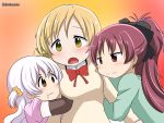  3girls abutomato blonde_hair blush mahou_shoujo_madoka_magica momoe_nagisa multiple_girls redhead sakura_kyouko tomoe_mami white_hair yellow_eyes 