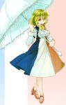  1girl aioi_aoi alternate_costume bow breasts commentary dress french_flag green_hair kazami_yuuka large_breasts long_sleeves looking_at_viewer multicolored_dress parasol red_eyes shirt smile solo striped striped_shirt touhou umbrella 