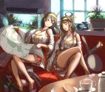  2girls ahoge bare_shoulders barefoot black_hair brown_hair cup detached_sleeves doraxi double_bun fish_tank hairband haruna_(kantai_collection) headgear japanese_clothes kantai_collection kongou_(kantai_collection) long_hair map multiple_girls nontraditional_miko remodel_(kantai_collection) ribbon-trimmed_sleeves ribbon_trim teacup 