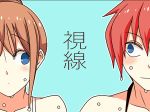  1boy 1girl blue_eyes brown_hair lowres original redhead sidelocks sugawara_takurou takano_chizuru translated wakabayashi_toshiya water wet 