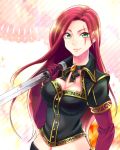  1girl bow breasts cleavage gloves green_eyes high_command_katarina katarina_du_couteau knife league_of_legends long_hair mizoreame redhead scar solo sparkle 