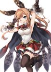  1girl arm_up armpits black_gloves black_legwear blush breasts brown_hair cape clarisse_(granblue_fantasy) commentary_request gloves granblue_fantasy green_eyes hair_ribbon harimoji highres long_hair looking_at_viewer one_eye_closed open_mouth ponytail ribbon skirt smile solo thigh-highs v 