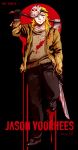  1boy axe black_gloves blonde_hair blood bloody_clothes blue_eyes character_name dirty friday_the_13th full_body gloves highres hockey_mask hol_horse jacket jason_voorhees_(cosplay) jojo_no_kimyou_na_bouken long_hair machete male_focus smile solo tianel_ent twitter_username weapon 