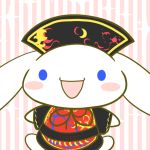  1girl black_dress blue_eyes blush_stickers chinese_clothes cinnamoroll cosplay dress hat junko_(touhou) junko_(touhou)_(cosplay) long_sleeves looking_at_viewer obi pink_background ribbon sanrio sash solo striped striped_background tabard touhou white_background wide_sleeves zuttokodomo 