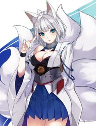  1girl \m/ animal_ears azur_lane blue_eyes blue_nails breasts cleavage eyeliner fox_ears fox_tail japanese_clothes kaga_(azur_lane) kimono kirisato_itsuki looking_at_viewer makeup multiple_tails nail_polish parted_lips pleated_skirt short_hair skirt smile solo tail white_hair 