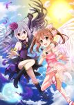  2girls :d angel_wings ascot bow braid brown_eyes brown_hair feathered_wings feathers flower hair_bow hair_flower hair_ornament hair_ribbon highres holding idolmaster idolmaster_cinderella_girls kanzaki_ranko microphone multiple_girls nichika_(nitikapo) ogata_chieri open_mouth ribbon rose silver_hair smile sparkle twin_braids twintails white_wings wings 