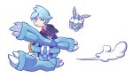  1boy blue_eyes carbink chueog commentary_request flying mega_metagross mega_pokemon metagross pokemon pokemon_(creature) riding silver_hair smile tsuwabuki_daigo visible_air 