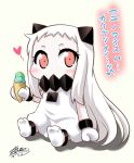  chibi collar commentary_request covered_mouth food heart horns ice_cream ice_cream_cone kantai_collection long_hair mittens northern_ocean_hime orange_eyes sidelocks sitting_on_floor sleeveless socks translation_request very_long_hair yamato_nadeshiko 