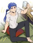  1boy arm_up barefoot beer_mug blue_hair casual earrings fate/stay_night fate_(series) feet foam highres jewelry lancer looking_at_viewer ponytail red_eyes shimo_(s_kaminaka) shirt smile t-shirt table 