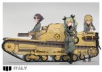  3girls absurdres anchovy black_hair black_shirt blonde_hair boots braid brown_eyes carpaccio carro_veloce_cv-33 commentary copyright_name dress_shirt drill_hair emblem food from_side girls_und_panzer green_hair grey_background grin hair_ribbon hands_on_hips highres holding italy jacket katsudansou knee_boots long_hair long_sleeves looking_at_another military military_uniform military_vehicle multiple_girls necktie pants pepperoni_(girls_und_panzer) pizza ribbon shirt short_hair side_braid smile tank twin_drills twintails uniform vehicle 
