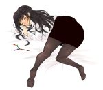  1girl alternate_costume bed_sheet black_hair black_legwear blush branch highres honi houraisan_kaguya jeweled_branch_of_hourai long_sleeves looking_at_viewer looking_back messy_hair no_shoes office_lady pantyhose shiny shiny_clothes shirt sketch solo tareme touhou white_shirt 