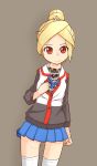  1girl android blonde_hair borisx highres original parts_exposed red_eyes school_uniform short_hair solo thigh-highs 